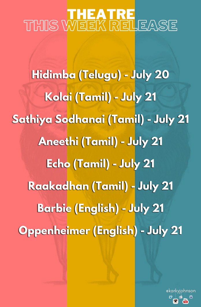 karkyjohnson's tweet photo. This Week Release #TWR
#BalajiKKumar's #Kolai, #Vasanthabalan's #Aneethi, #VikasAnand's #Sync, #NiteshTiwari's #Bawaal, #GretaGerwig's #Barbie, #ChristopherNolan's #Oppenheimer and more on... https://t.co/dtaOi5h5jV