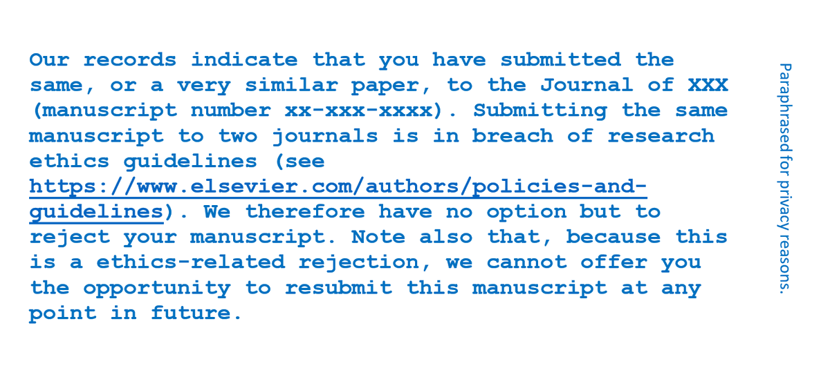 SaraDolnicar's tweet photo. #editorobservation
@AnnTourRes

I is not acceptable to send the same paper to multiple journals simultaneously

In the past it may have been possible to get away with such unethical conduct

Not anymore

Journal editors receive automatic alerts identifying potential duplicates https://t.co/g0aGVVeZCB