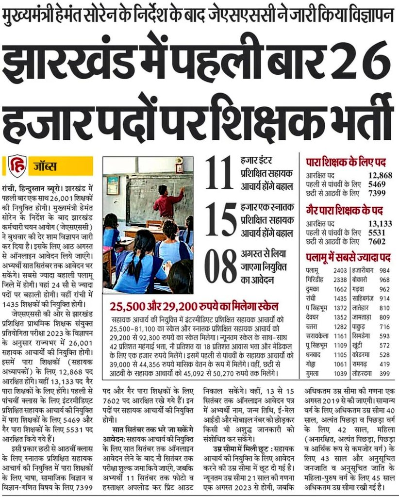 झारखण्ड में पहली बार 26 हजार पदों पर शिक्षक भर्ती। 
#JSSC