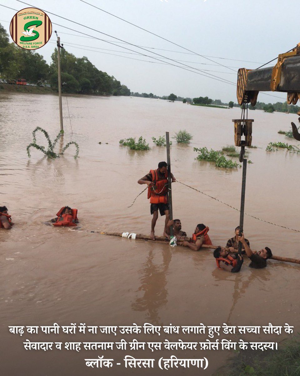 GreenSwelfares's tweet photo. #DeraSachaSauda volunteers fearlessly defy floodwaters, demonstrating unwavering dedication to their mission of saving lives. Their bravery knows no bounds! See glimpses here! #SaintDrMSG #RamRahim #DisasterRelief #Humanity https://t.co/jrIoJNYrs8