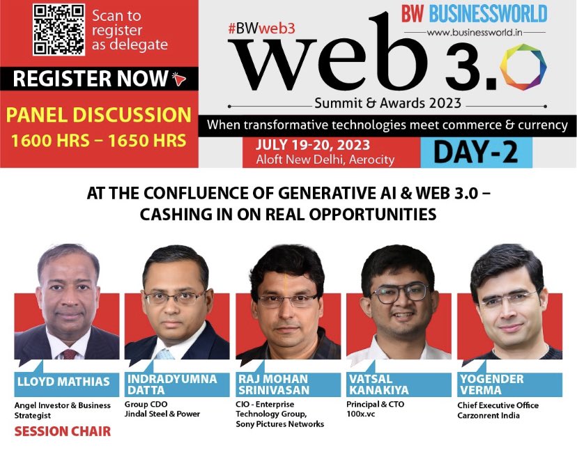 LloydMathias's tweet photo. Looking forward to an engaging discussion on “Real opportunities, at the confluence of #GenAI & #Web3 at the #BWweb3 Summit today! A fab panel: Raj Mohan Srinivasan of Sony Pics, Vatsal Kanakiya from https://t.co/dupkZMRINp, Indradyumna Datta from Jindal Steel & Rama Iyer of GMR. https://t.co/TIRxYCabtw