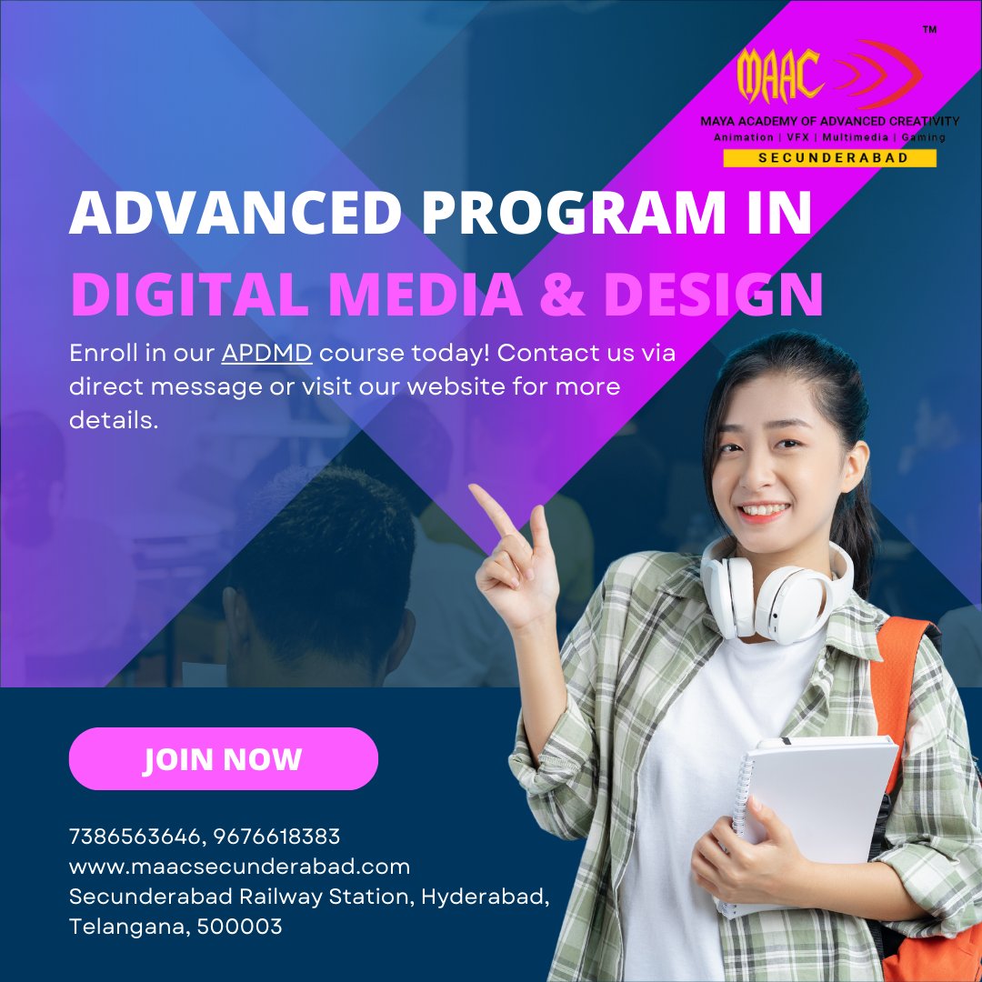 MayaAdvanced's tweet photo. Advanced Program in Digital Media &amp; Design (APDMD).
#animation #vfx #multimedia #filmmaking #gaming #graphicdesign #maac #maacsecunderabad #bestmultimediainstitute #hyderabad #visualeffects https://t.co/ZQjD8wZ2fe