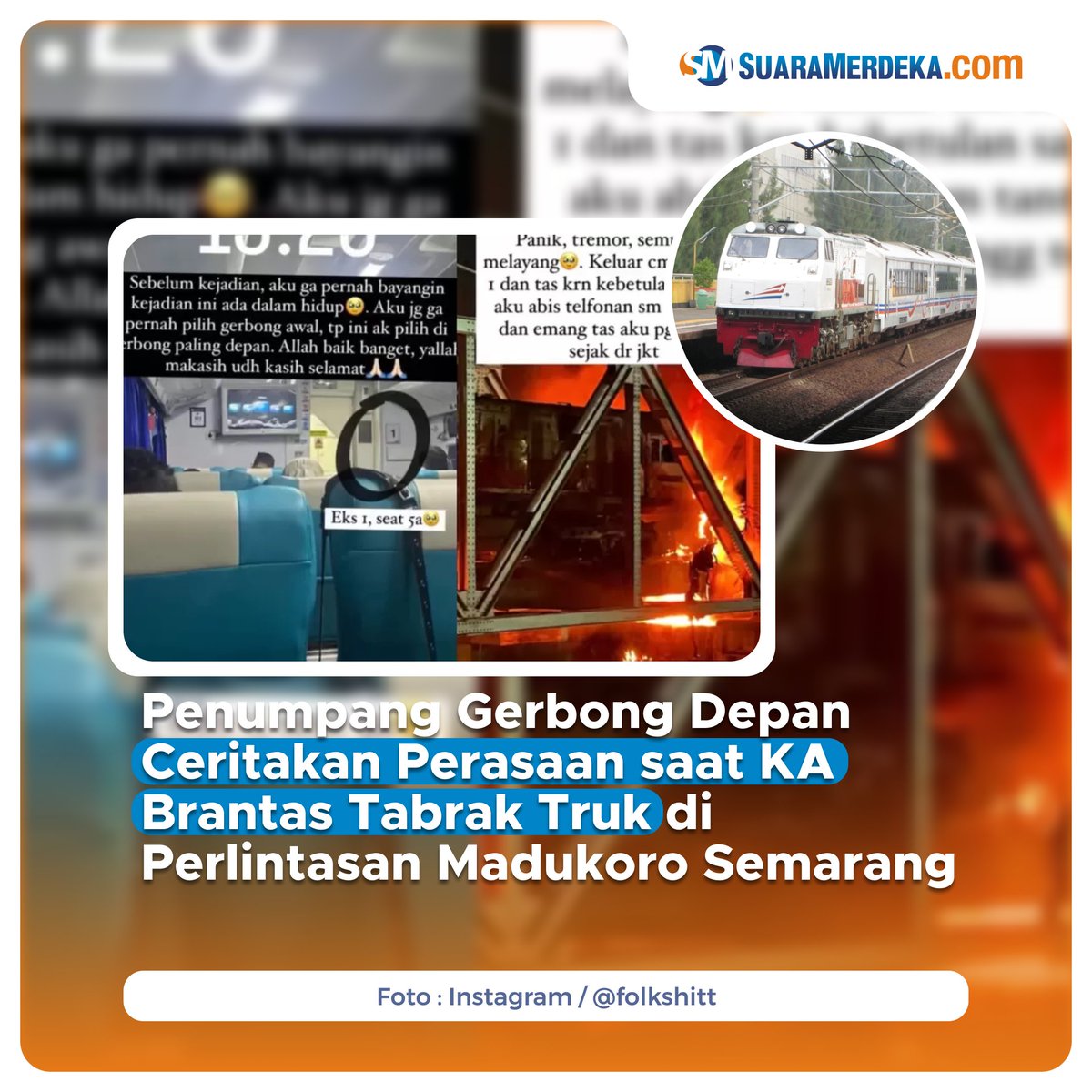 suaramerdeka's tweet photo. Seorang penumpang KA Brantas yang menabrak truk di Perlintasan Madukoro Semarang menceritakan perasaannya saat berada di Gerbong depan.
https://t.co/lhAgjpONDk
#suaramerdeka #suaramerdekacom #kabrantas #gerbong #keretaapi #kecelakaankeretaapi #tabraktruk #madukoro #semarang https://t.co/VkqYoMP6Ry
