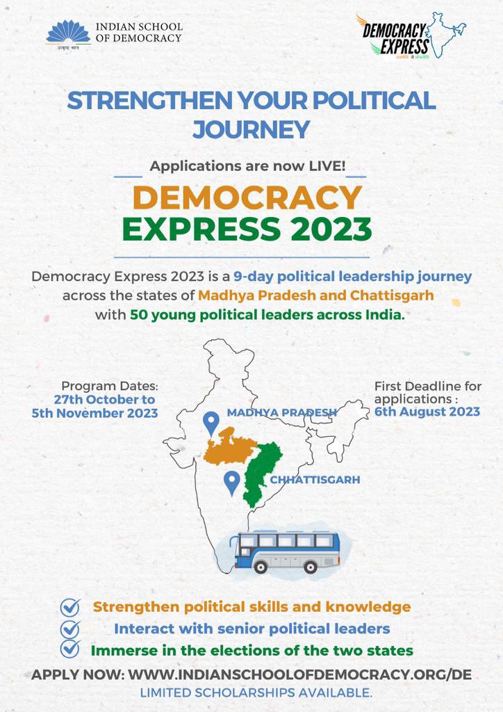 isd2047's tweet photo. What's #DemocracyExpress all about?  

It's the ultimate 9-day voyage of political discovery! 50 young leaders crisscrossing Madhya Pradesh and Chattisgarh, engaging with senior political leaders and immersing in the heartbeat of elections. https://t.co/OO2uI8OvKi