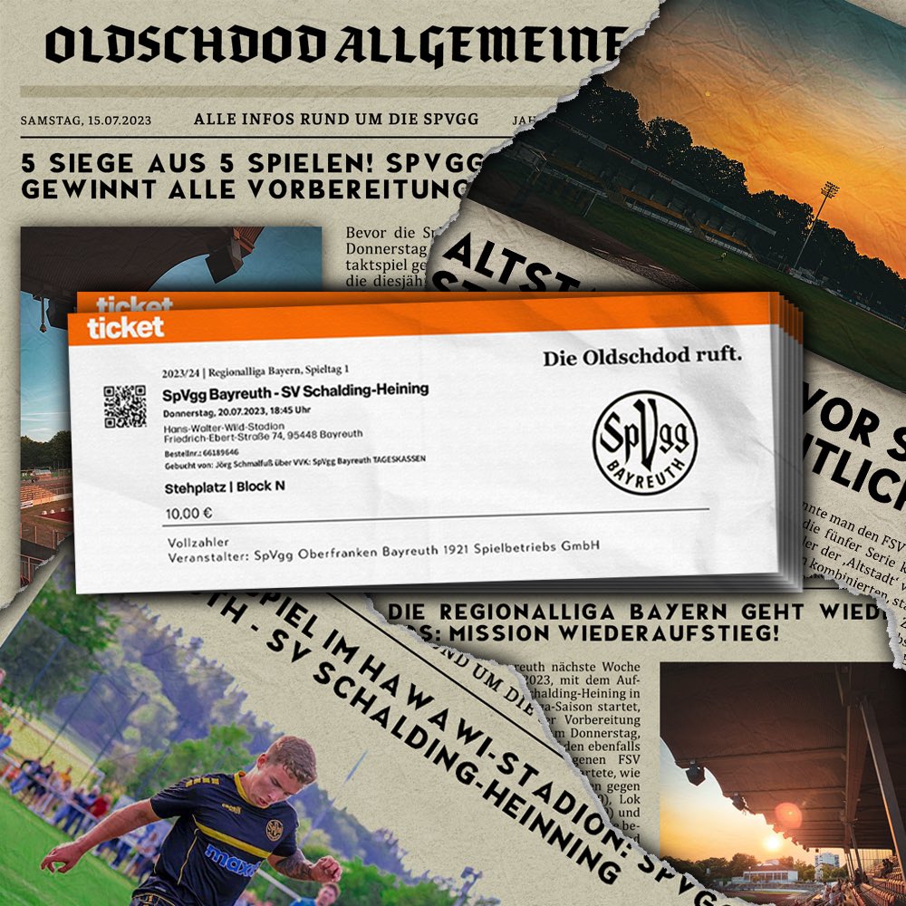 oldschdod_bth's tweet photo. Die Tickets sind gedruckt! Auftaktspiel im HaWaWi! ✨🟡⚫️

🆚 @svschaldingheining1946 
⏰ 20.07.2023, 18:45 Uhr
🏟 Hans-Walter-Wild-Stadion (Bayreuth)
🏆 Regionalliga Bayern, 1. Spieltag
📺 TV Oberfranken

Seid ihr heute im Stadion und wie lauten eure Tipps?  💬 #Oldschdod https://t.co/1SeyLjzLvQ