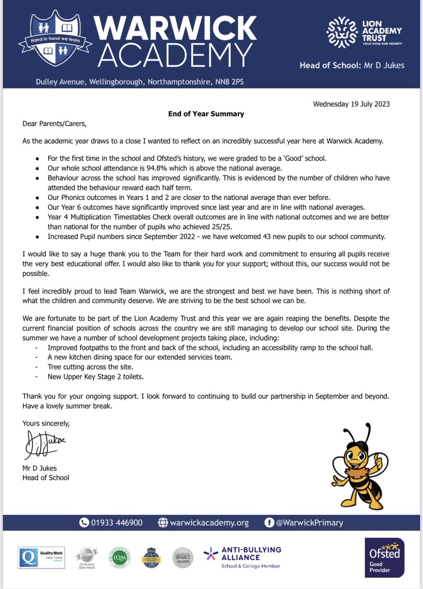 To round off the academic year I shared with parents some of #TeamWarwick’s achievement during 2022/23.
I believe it's important to reflect with the school community and celebrate progress made.
#EndofYear #Successes #Celebration #ProudHead #TeamWork #LionAcademyTrust