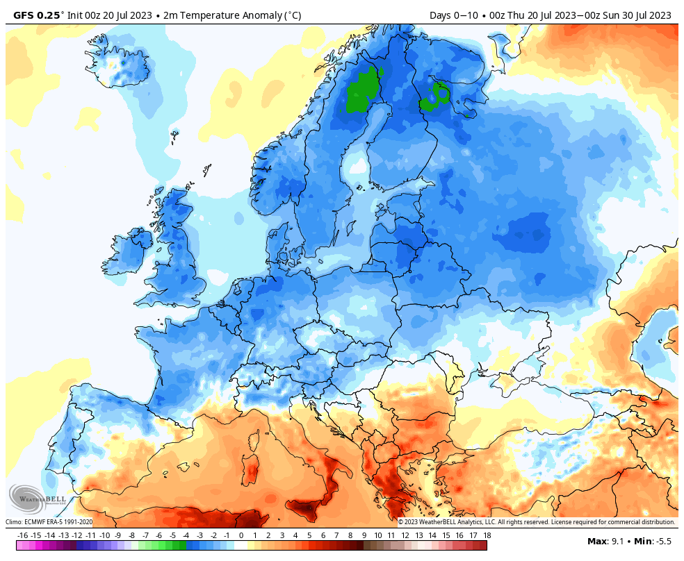 BigJoeBastardi's tweet photo. For much of Europe this is the coolest heart of summer in many years!  Wet also https://t.co/yQlnapccK0
