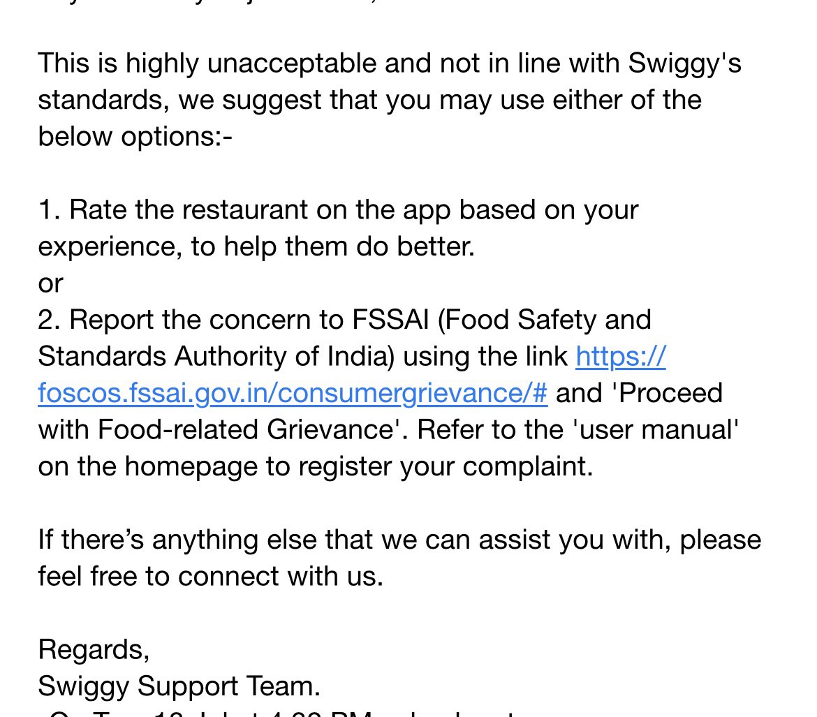 kushashwat's tweet photo. Encourage people to order directly from restaurants instead of using these platforms. 
This is @SwiggyCares response when you receive expired product from a restaurant.
Next time they might ask you to file a case in consumer forum. https://t.co/QN6n9CLaZr