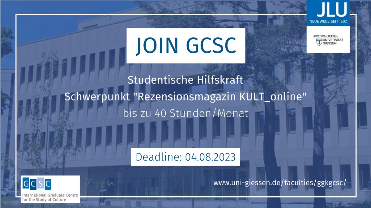 GCSC_JLU's tweet photo. #Studijob in a double-pack: Come join our wonderful #TeamGCSC! 
Interested in publishing activities &amp; management? Our #GCSCpublications coordinator @isabellakalte is looking for support for our #KULT_online review magazine. ✍️ 
ℹ️ https://t.co/hajbaXRnEN
@On_Cult #OpenAccess https://t.co/xVHxf8EHSc