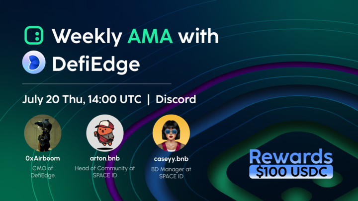 Get ready for an in depth SPACE ID Weekly AMA on Discord with our integration partner @DefiEdge🪐

Topic: Navigating the DeFi Landscape with #Web3 Domain

Tune in for at least 20 min &amp; have a chance to share 100 $USDC.

🏰Event: galxe.com/spaceid/campai…
⏰Time: 7/20 2PM UTC