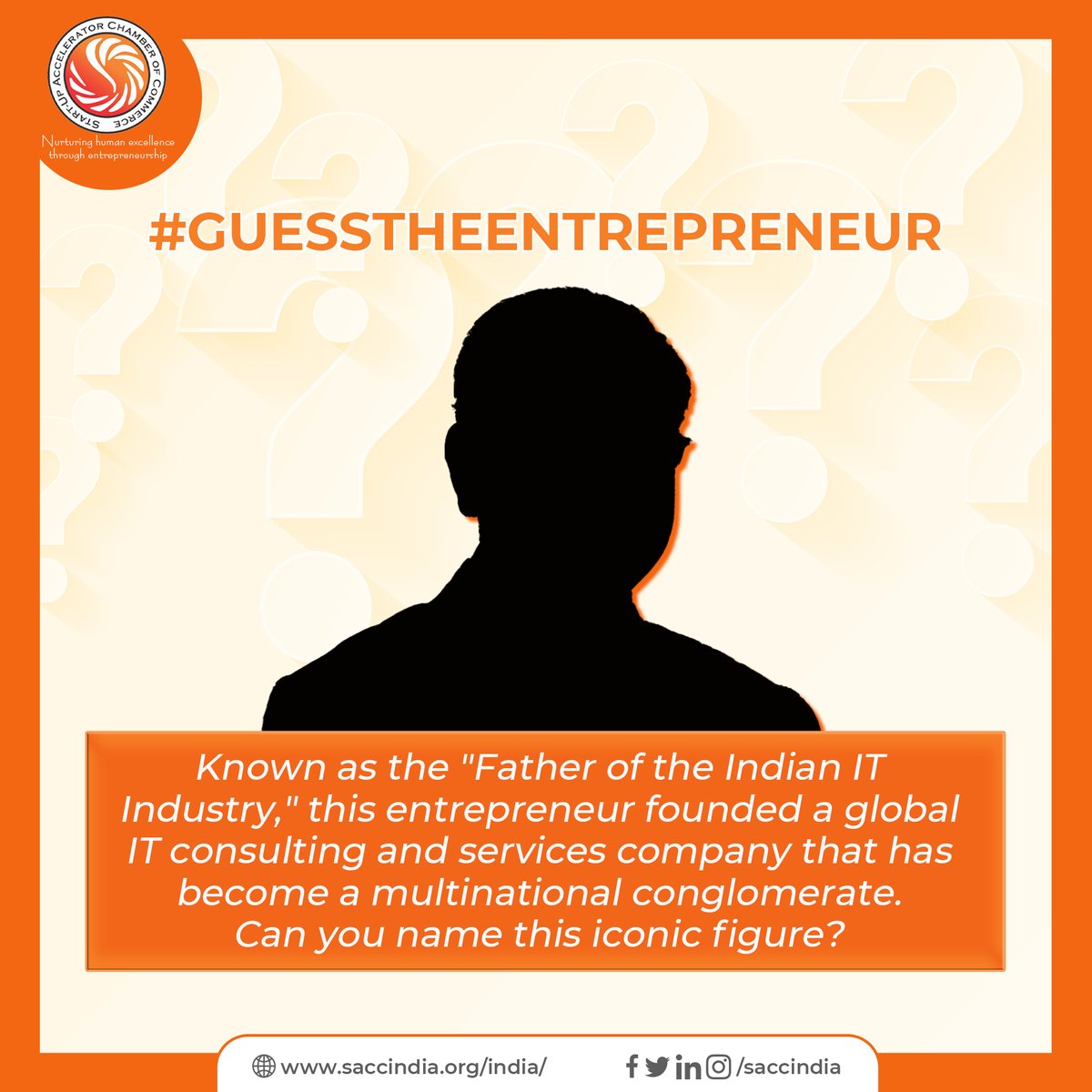 ❓Thursday quiz❓

Can you name the genius entrepreneur in this picture? 🤔
Put on your thinking caps, gather your clues, and share your best guesses in the comments below!💬

#SACCINDIA #ThursdayQuiz #startup #Entrepreneurship #StartupQuiz
