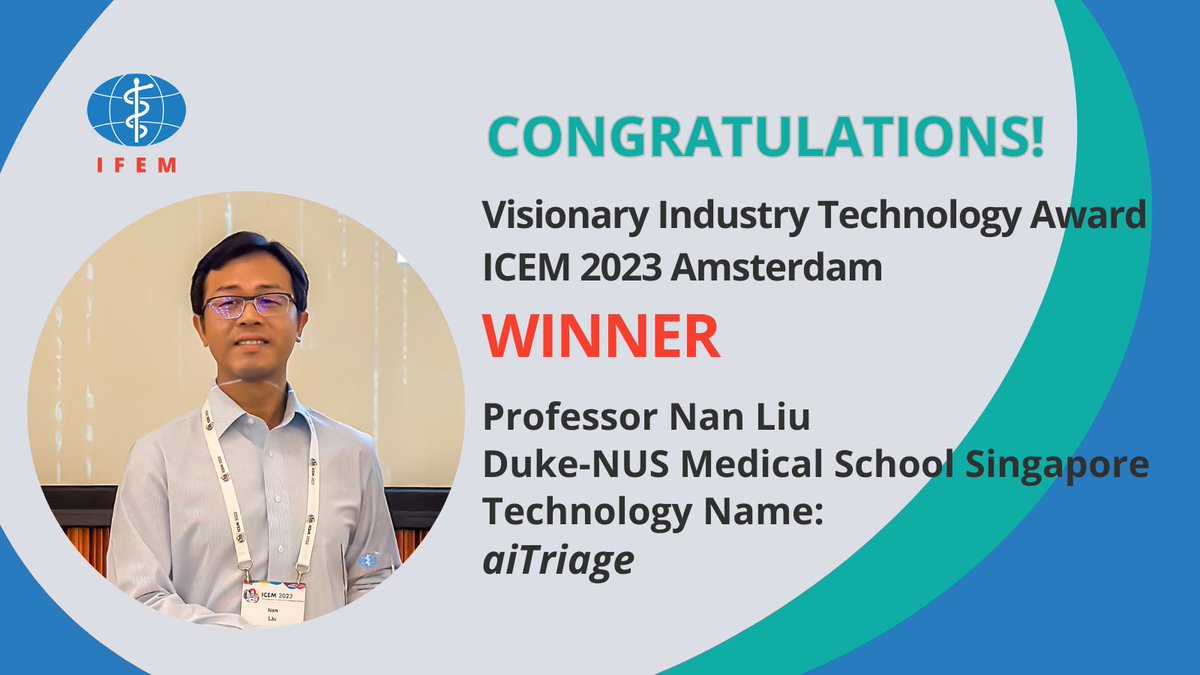 Congratulations to the winner of the 2023 Visionary Industry Technology Award

Professor Nan Liu
Duke-NUS Medical School Singapore
Technology Name: aiTriage

Read synopsis: ifem.cc/vita_award_rec…

#VITA2023 #ICEM2023 #MedicalTechnologyAward
