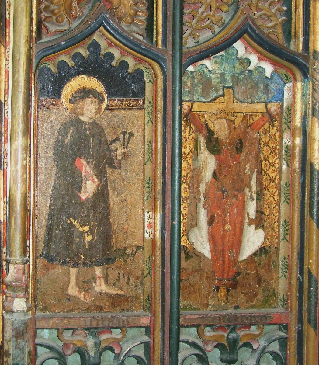The early 16C screen at Worstead, Norfolk depicts a crucified bearded woman, here on the right beside St William of Norwich. This is St Uncumber, also known as St Wilgefortis, and today was traditionally her feast. Supposedly, she was a devout virgin who escaped marriage to a