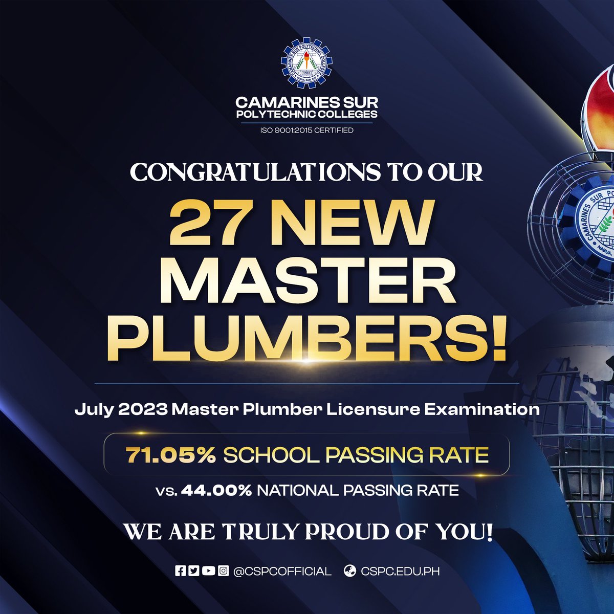 cspcofficial's tweet photo. 🏆 YES, WE ACED IT! 🏆

Hards hat off to the 27 brilliant CSPCeans who excelled in the July 2023 Master Plumber Licensure Exam given last 15 &amp; 16 July 2023 by the Professional Regulation Commission! https://t.co/rwhrYCOC1X
