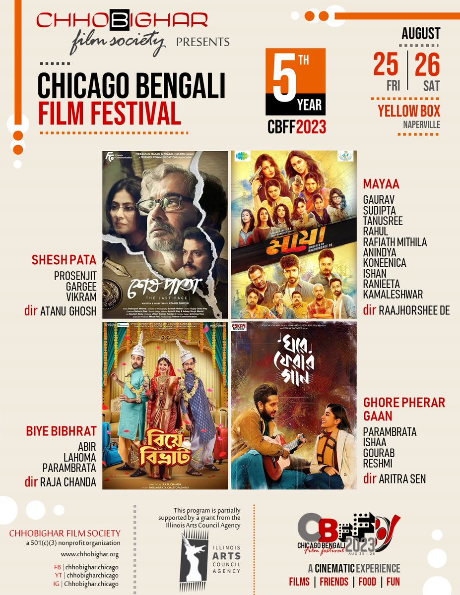 Presenting the 5th annual Chicago Bengali Film Festival #CBFF2023 on Aug 25-26. #Mayaa #SheshPata #GhorePherarGaan #BiyeBibhrat @atanugsh @RaajhorsheeDe @Aritra_Dreams @Rajachanda @prosenjitbumba @itsmeabir @paramspeak @tnusreec @SudiptaaC @m_ishaa @VikramChatterje @rahuloday