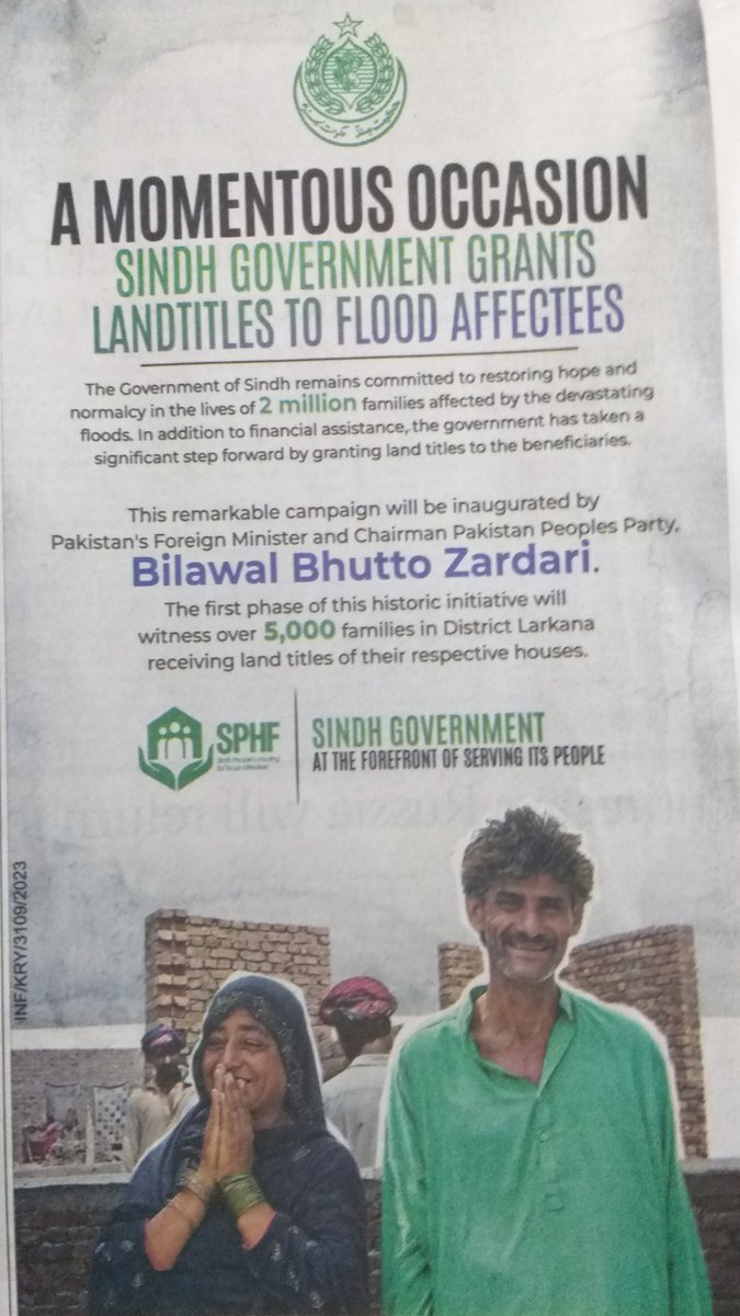 HullioSikandar's tweet photo. The #SindhGovt is committed to grant Land Titles to #FloodAffectees by restoring hope &amp; normalcy in the lives of 2 million flood affected families.

The 1st phase of initative will be inaugurated by Chairman PPP @BBhuttoZardari in Larkano, with 5,000 #LandTitles in the district. https://t.co/vvFQuRj7P1
