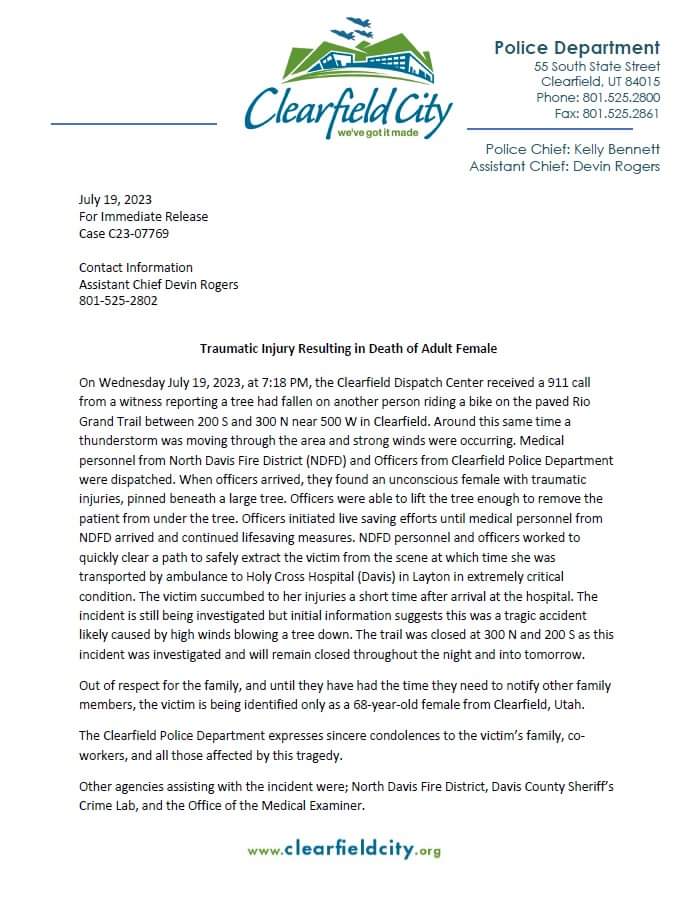 Clearfield City is deeply saddened and offers our sincere condolences to the victim's family and all those affected by this tragedy. 

The Rail Trail will be closed between 200 S. and 300 N. through the end of day 7/20. <a href="/ClearfieldPD/">Clearfield PD, Utah</a>