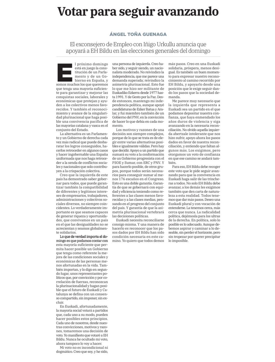 Ángel Toña, exconsejero con Iñigo Urkullu, anuncia que apoyará a <a href="/ehbildu/">EH Bildu</a> en las elecciones del domingo.

Seguiremos. Somos cada vez más.
Berriro #EgingoDugu.