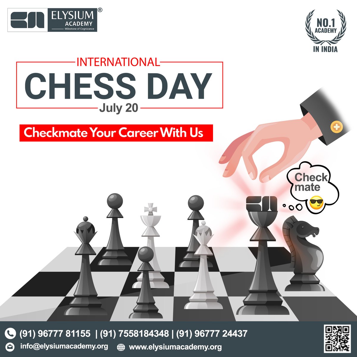 🎊Happy Chess Day to All Chess Lovers!👑 

Your moves be strategic, your tactics be sharp, and your victories be sweet! 

#ChessDay #ChessEnthusiasts #StrategyGame #Checkmate #GameOn #elysiumacademy #no1academy #ittraining #jobassurane #tesbocourse
