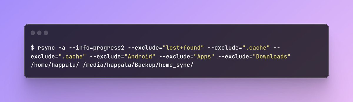 muuood's tweet image. How to back-up your home directory using one command without third-party application on Gnu/Linux.
#linux #gnu #rsync