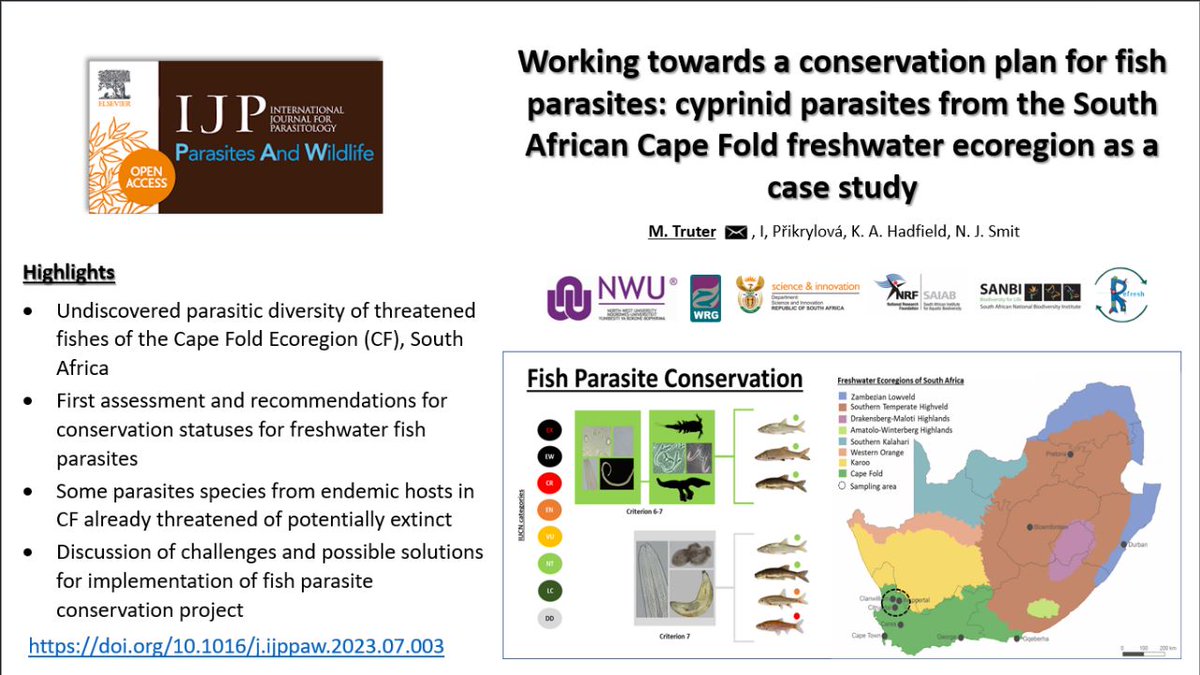 📣📣📣

🔥#FishParasites matter!! 
#Threatened or #disappearing in #vulnerableecosystems with #endemic #hosts.

🔎 first study on #freshwaterfishes of #CapeFold and #conservation classification of a #FishParasite in South Africa: 

authors.elsevier.com/sd/article/S22…

#ParasiteConservation