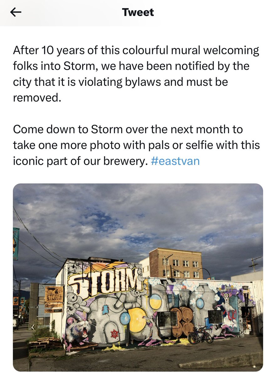 sarahkirby_yung's tweet photo. Here’s the @StormBrewingVan mural that’s prompted this and the City is saying should come down as it’s contravening city bylaws. https://t.co/SQmzM0eIT1