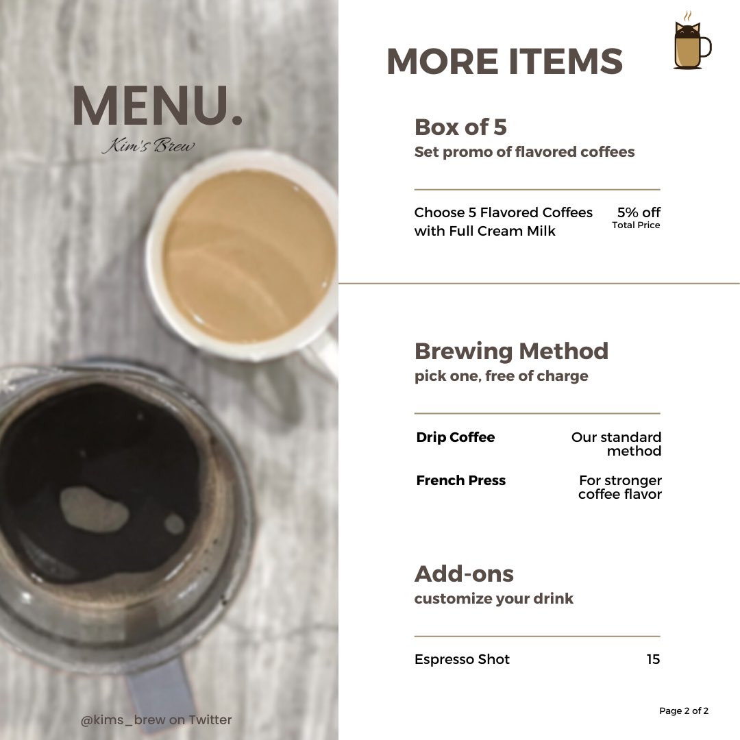 kims_brew's tweet photo. 📋 Kim’s Brew Menu

📦 Updated categories and pages; Matcha Latte and additional Espresso Shot added to the menu on July 20, 2023 https://t.co/I1OcPcxMjk