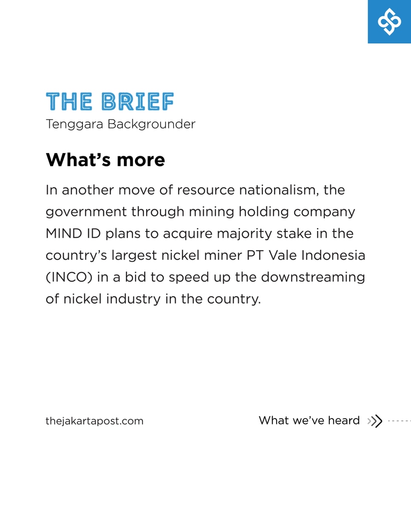 jakpost's tweet photo. Tenggara Backgrounder
MIND ID to gain majority stake at Vale to drive Nickel downstreaming
(Want to read more? Visit https://t.co/GbF2zxOsDZ)
#tenggarabackgrounder #thebrief #mindid #vale #bumn #nickel #hilirisasi #downstreaming https://t.co/uz0QqlzYn7