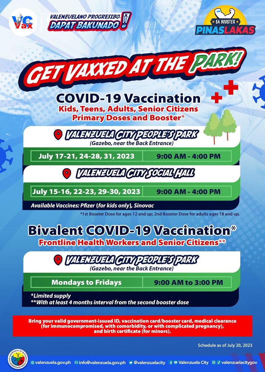 valenzuelacity's tweet photo. Sa Valenzuela City, prayoridad natin ang kalusugan ng bawat #PamilyangValenzuelano!
#VCVax #VCVaxPlus: Narito ang iskedyul ng bakunahan kontra COVID-19, kabilang na ang Bivalent COVID-19 vaccine, sa Valenzuela City Social Hall sa City Hall Compound at People's Park ngayong Hulyo.