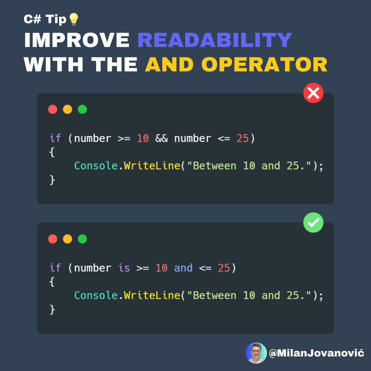 mjovanovictech's tweet image. C# Tip 💡

Are you using the new relational pattern-matching operators?

We got this with C# 9 - and I want to highlight the 𝗮𝗻𝗱 operator.

Do you think it simplifies the if statement?

#dotnet