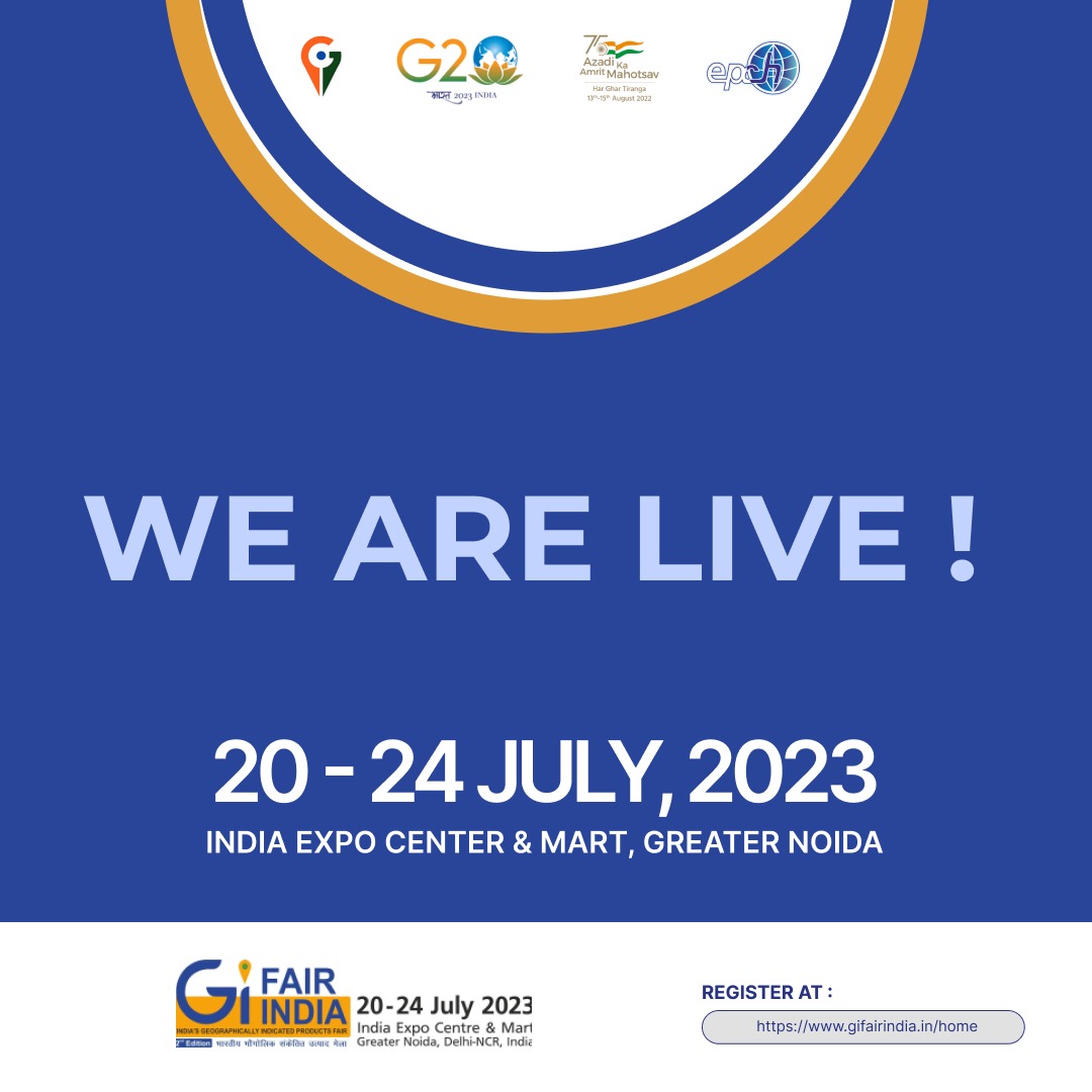IndiaGIFair's tweet photo. We're LIVE! Join us at the Geographic Induction (GI) Fair, 20-24 July 2023, at India Expo Centre &amp; Mart, Delhi-NCR. Don't miss this B2B Sourcing &amp; Retail Buying Opportunity! 🛍️✨ #GI2023 #GeoFair #InductionEvent https://t.co/fu7FYk7R82