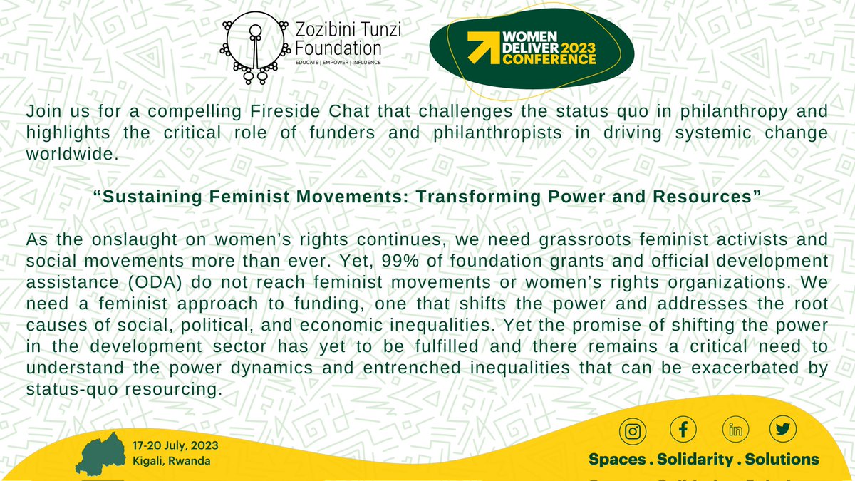 Hello 👋 I will be Speaking at plenary Session of @WomenDeliver #WD2023 Conference in Kigali. If you at the conference join us at KCC Auditorium from 11:00am - 12:30. Those not at the conference join us live via the Zozibini Tunzi Foundation Instagram page