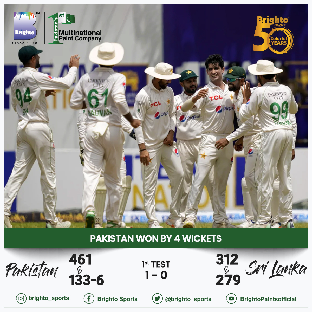 brighto_sports's tweet photo. Victory by 4 wickets! What an incredible test match it was! Our team showed immense resilience and skill to secure a memorable win. Saud Shakeel scored 200 runs in Srilanka.
#BrightoPaints #Brightoturns50 #BrightoGroup #Since1973 #BrightoSports #PKvsSL #testseries https://t.co/qfcAYzynGg