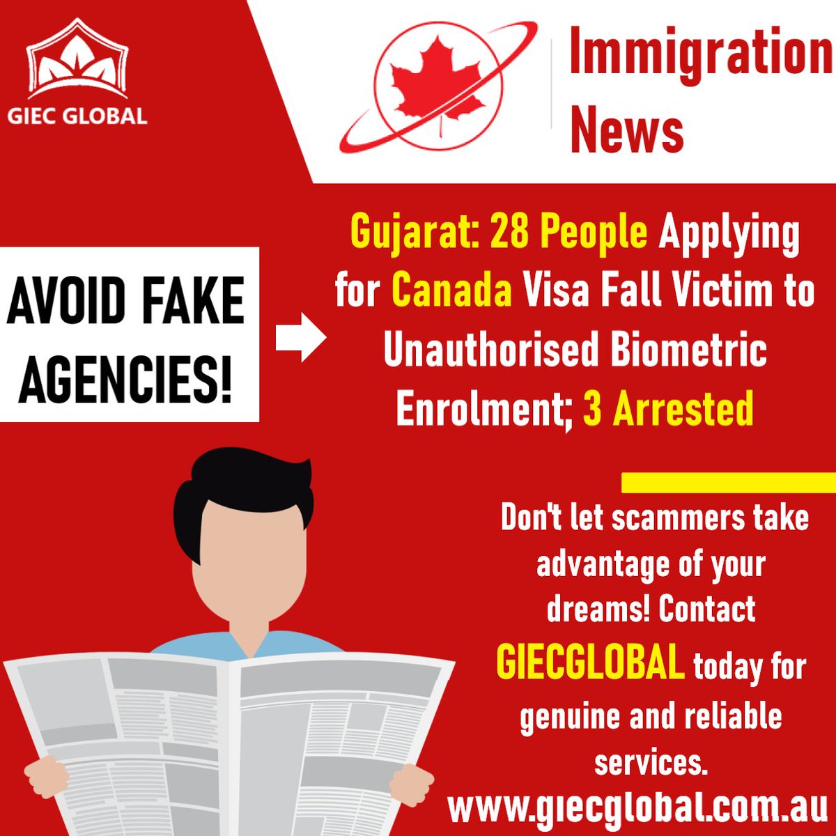GiecGlobal's tweet image. Canada Immigration🚨 Breaking News 🚨

GIECGLOBAL urges all visa applicants to be cautious and avoid fraud agencies. 🕵️‍♀️ For genuine and reliable services, reach out to GIECGLOBAL for assistance. 

Visit our website:
giecglobal.com.au/portfolio-deta…

#VisaScamAlert #GIECGLOBAL #StaySafe