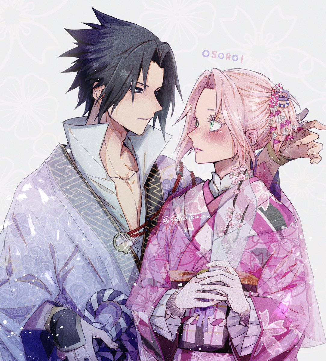 haruno sakura ,uchiha sasuke 1girl 1boy japanese clothes black hair kimono pink hair green eyes  illustration images