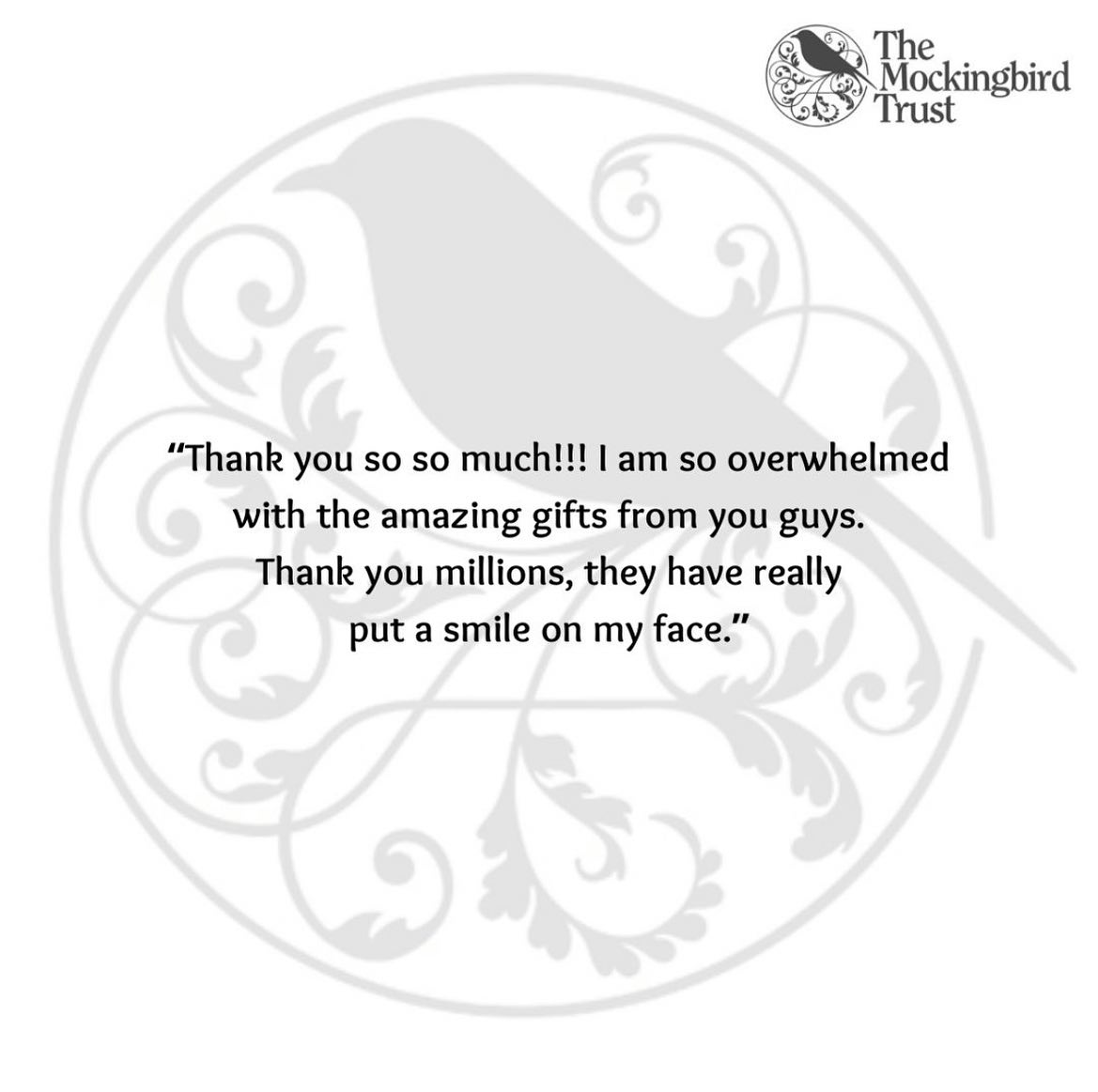 Such wonderful feedback from a lovely client who was sent a big box of goodies by TMBT!

#themockingbirdtrust #TMBT #charity #experience