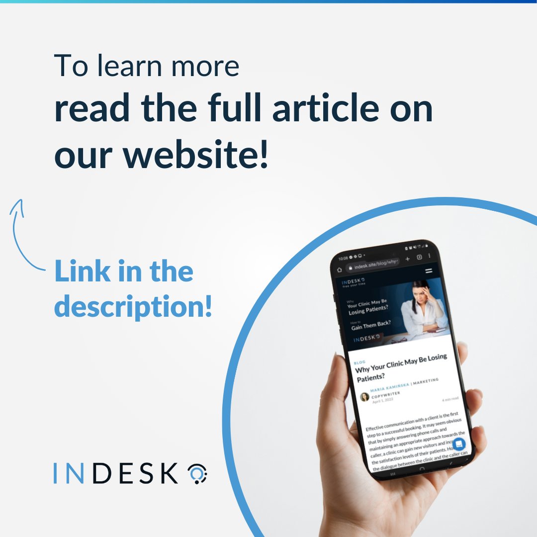my_indesk's tweet image. 💡 Discover the Reasons Why Your Clinic May Be Losing Patients! 📉 In this article, we provide insights into the challenges and solutions to improve and grow your clinic. 
👉  indesk.site/blog/why-your-…

#indesk #aestheticreceptionist #aestheticclinicreceptionists