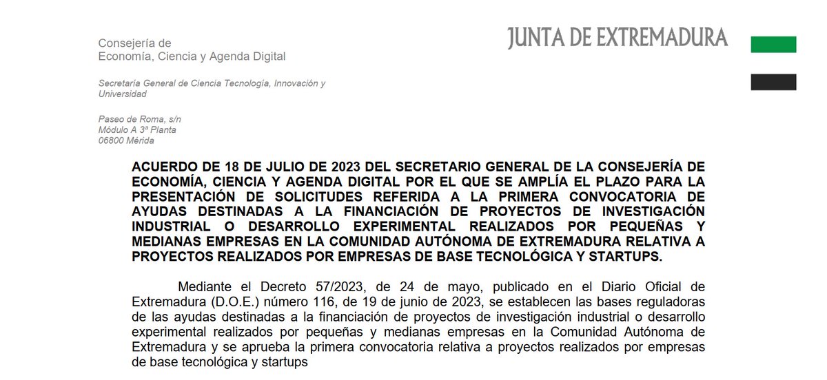 Ampliado el plazo de presentación del #Decreto57/2023 #ProyectosIDi #Extremadura hasta el 28 de julio