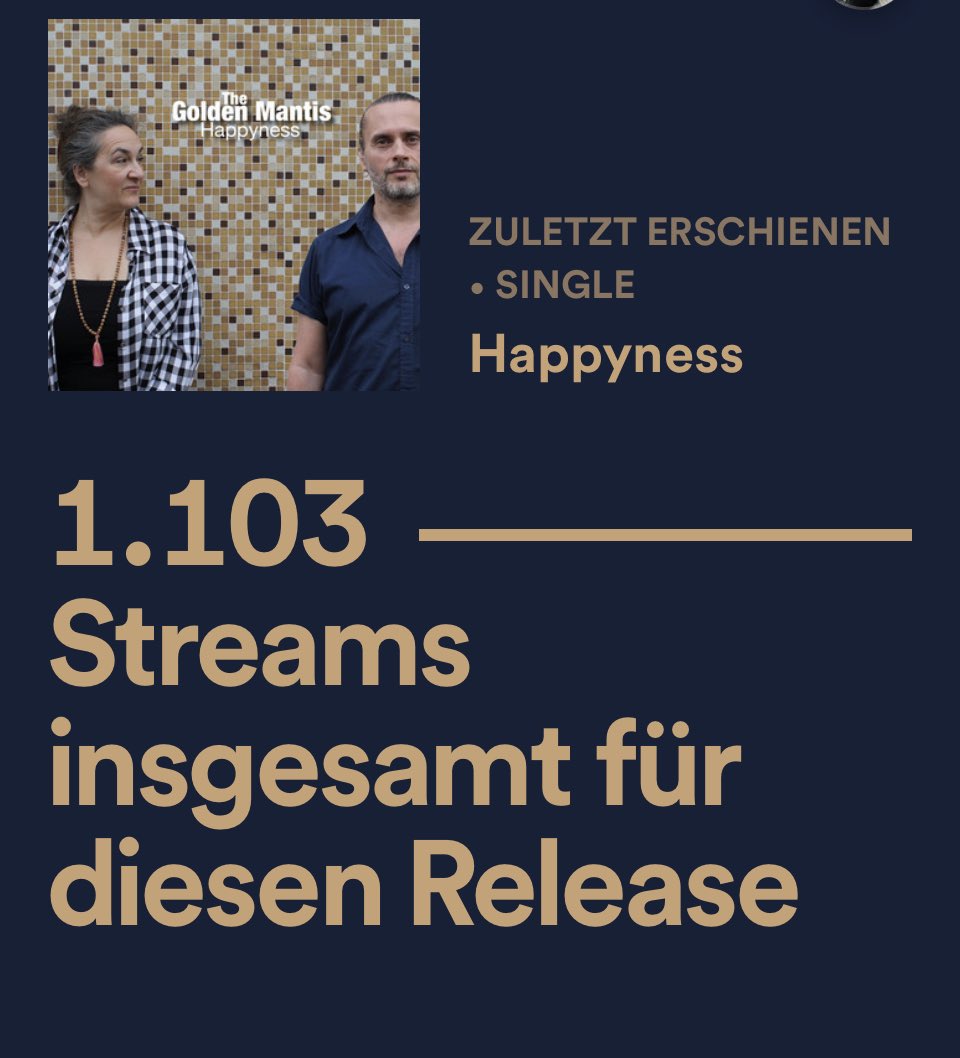 More than 1000 Spotify streams 10 days after the release of our new song 'Happyness'. Thank you very much guys for listening! #thegoldenmantis #newsong #happyness #indiemusic #indie #indierock #indiepop #newmusic #darkfolk #singersongwriter #mannheim #mannheimmusic