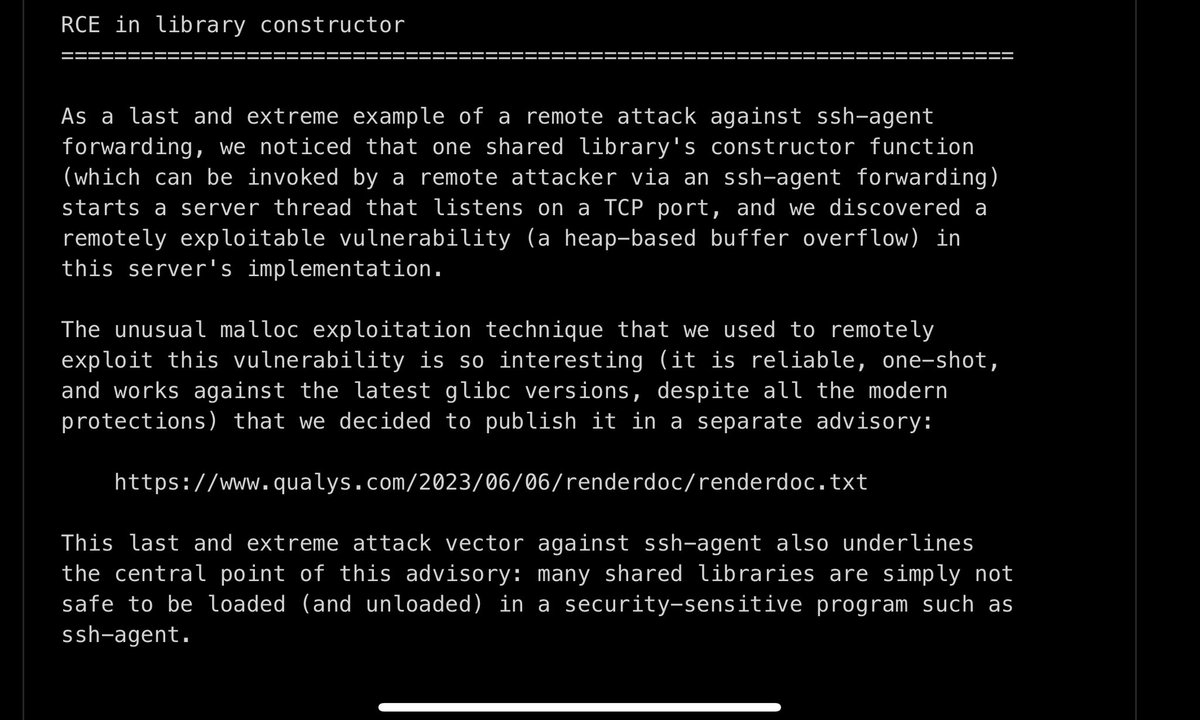 This ssh-agent exploitation write up is worth reading to the end. First up the whole chain and how they figured it out is well documented and super interesting. They chain a bunch of shared library loads to create a jump into their executable shell code. But there’s a hidden gem