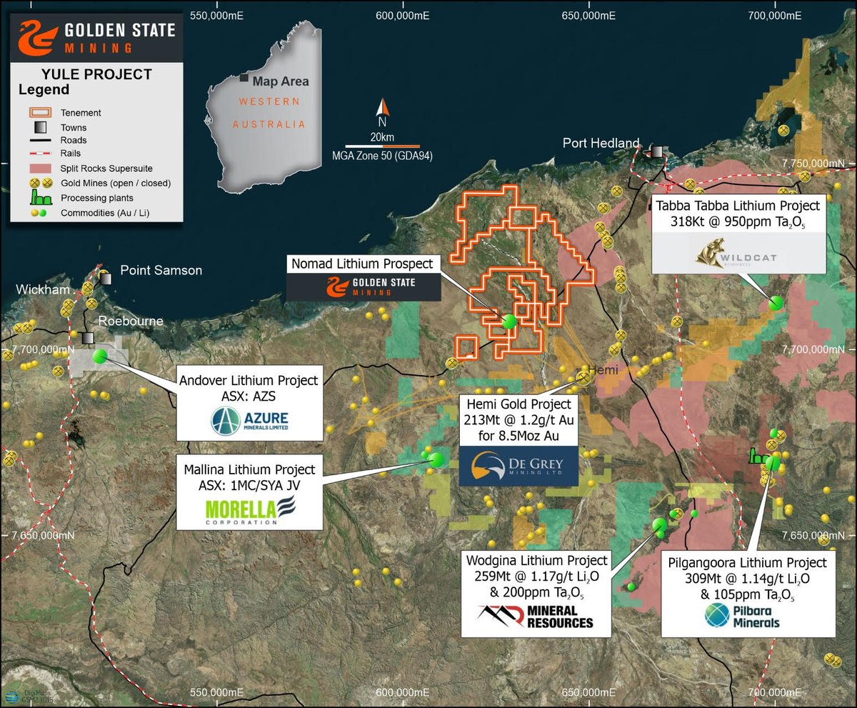 MiningState's tweet photo. $GSM could not be more central to the #lithium surge currently underway in WA, including nearby $AZS's Andover success.

This map shows $GSM.ax's proximity to bumper lithium projects, where it has picked up more ground adjacent to #Nomad, taking its tenement at #Yule to ~740km2. https://t.co/sy9vKymOii