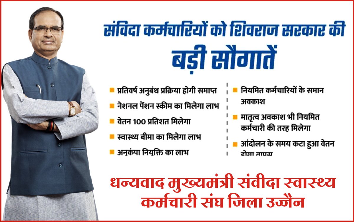 #संविदा_आभार
#संविदा_स्वास्थ्य_कर्मचारी_संघ 
<a href="/NHM_MP/">National Health Mission MadhyaPradesh</a> के संविदा कर्मचारीयो की ओर से <a href="/ChouhanShivraj/">Shivraj Singh Chouhan</a> जी का बहुत बहुत धन्यवाद
आपने अपना संकल्प पुरा करते हुये #संविदा_मुक्त_मध्यप्रदेश किया
शोषण की इस व्यवस्था को समाप्त करने के लिये आपका आभार