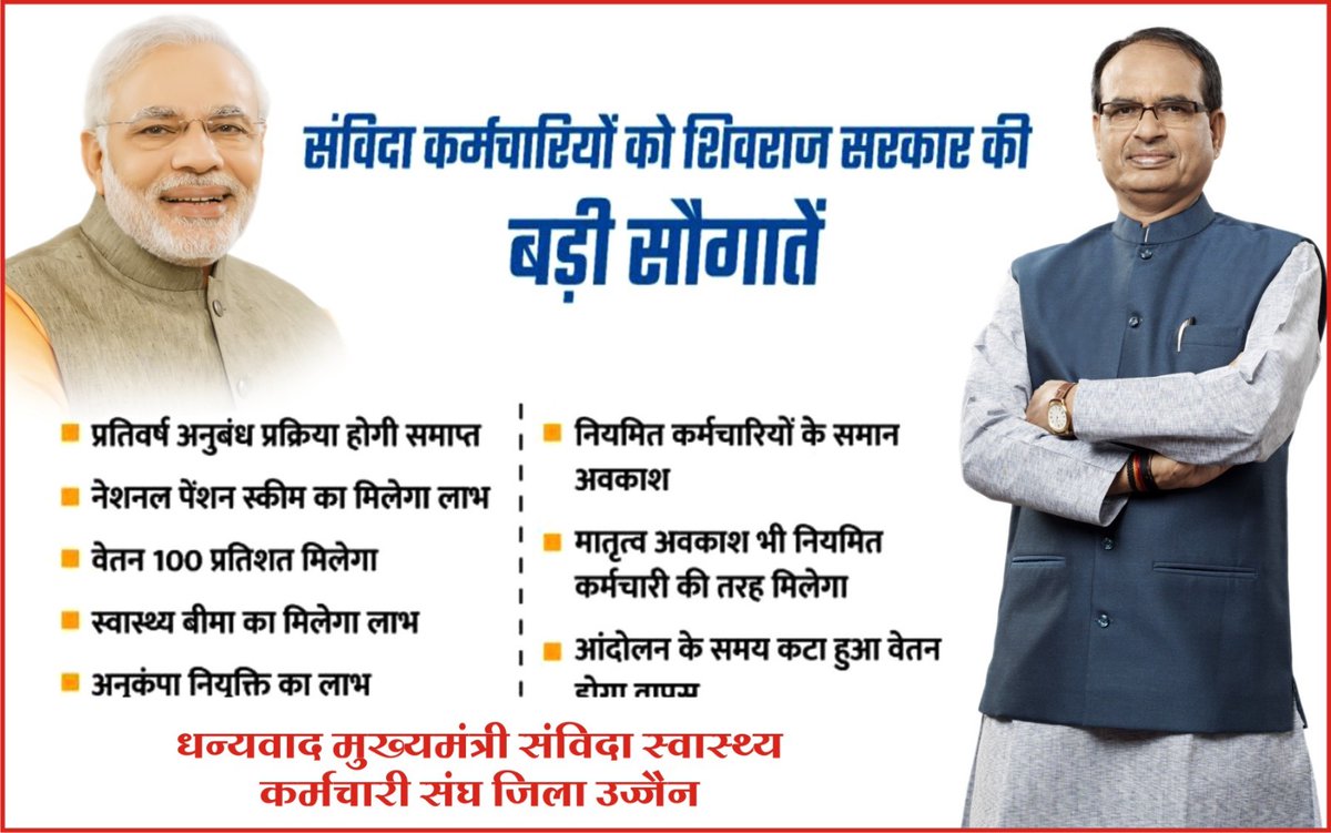 #संविदा_आभार
#संविदा_स्वास्थ्य_कर्मचारी_संघ 
<a href="/NHM_MP/">National Health Mission MadhyaPradesh</a> के संविदा कर्मचारीयो की ओर से <a href="/ChouhanShivraj/">Shivraj Singh Chouhan</a> जी का बहुत बहुत धन्यवाद
आपने अपना संकल्प पुरा करते हुये #संविदा_मुक्त_मध्यप्रदेश किया
शोषण की इस व्यवस्था को समाप्त करने के लिये आपका आभार