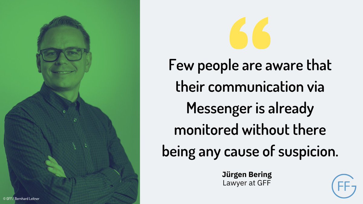 GFF_NGO's tweet photo. The end of private communication? Together with a #Facebook user, we are suing @Meta. The platform automatically scans private messages &amp; thus violates #privacy and the #fundamental right to control one’s own data. https://t.co/4s7ZkX7jO8 https://t.co/Cwx5WaL2lM