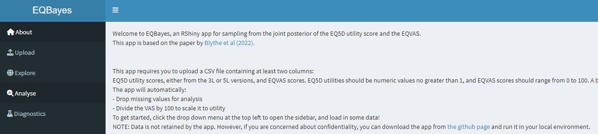 I'm spruiking our #RShiny #app for #healtheconomics to combine EQ5D-derived utilities with the EQVAS. Our rationale was that the VAS contains useful information when a group differs from population norms, e.g. in marginalised populations, (1/2) github.com/robinblythe/Sh…