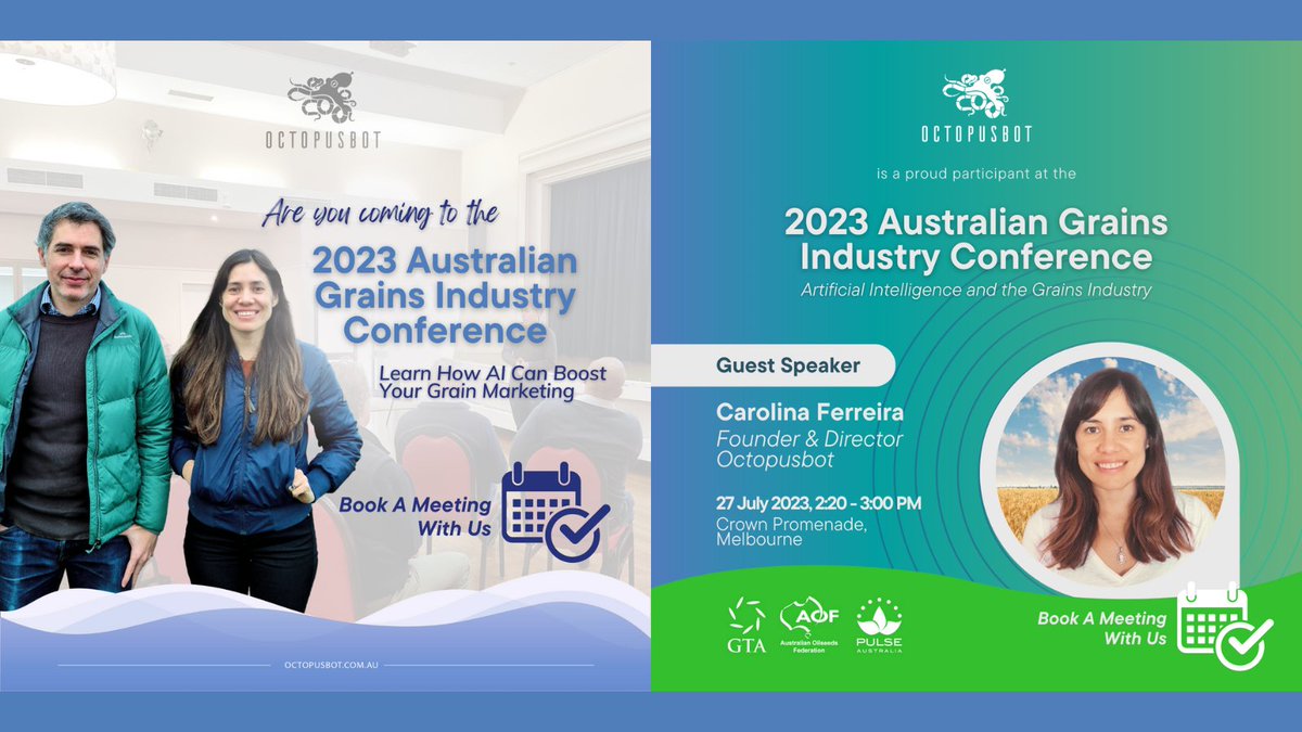 Octopusbot1's tweet photo. πΎ Join us at the 2023 Australian Grains Industry Conference πΎ
Book a meeting with us π https://t.co/R0FCfZisEl
ποΈ Date: 27th July 2023
β° Speaker Timeslot: 2:20 - 3:00 PM
π Venue: Crown Promenade, Melbourne
#AGIC2023 #Octopusbot1 #Innovation #AgTech #AIAnalytics https://t.co/4H5kouebCg