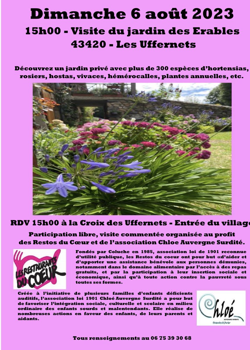 Visite commentée du jardin le dimanche 6 août 2023 sur le theme des hydrangeas (hortensias) qui seront en pleine floraison. Participation libre au profit des restaurants du cœur et de l'association Chloé Auvergne surdité qui vient en aide aux enfants sourds et malentendants.