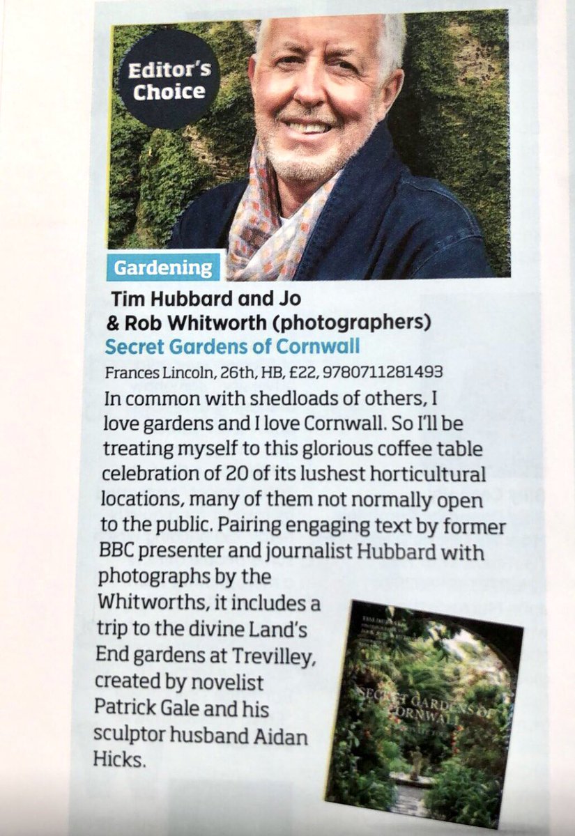 tweetTimHubbard's tweet photo. Hugely grateful for the response from everyone to #SecretGardensOfCornwall.
Also thanks to #JoeSwift, @Rick_Stein, #AlanTitchmarsh & #TimSmit for their very generous endorsements & to @CaroSanderson & @TheBookseller for making it an #EditorsChoice pick. https://t.co/0NrY6TxY2B