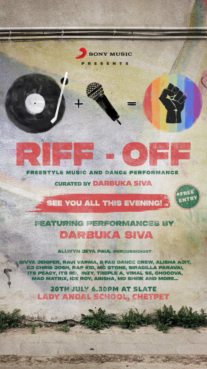 SonyMusicSouth's tweet photo. THIS EVENING AT 6:30PM π₯
#RiffOff Free style music and dance performances at Lady Andal πΆ
An evening of music and dance! Be there ππΊ
@DarbukaSiva @kishendas @being_prod @SharonShilvi @MallikaArjunDOP @UnitedGroovesD @aaditmaran
#AayahSuttaVada #Aayah #NeoFable #AayahSong