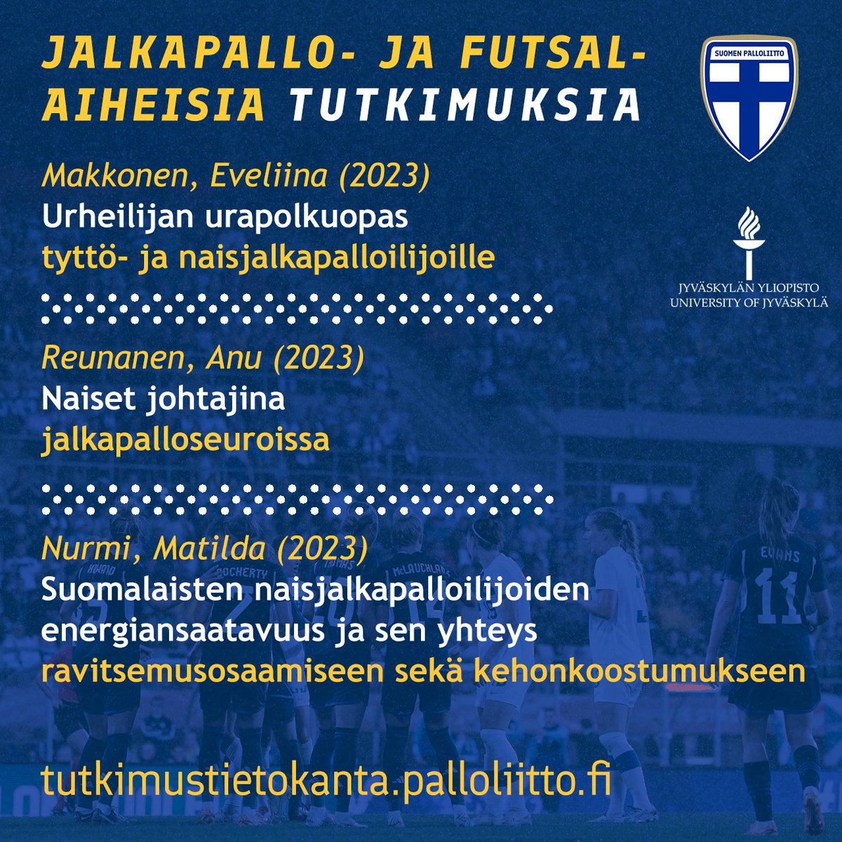 ⚽ Jalkapallon MM-kisojen alkamisen kunniaksi on hyvä hetki tehdä ajankohtaisia nostoja viimeaikaisista jalkapallotutkimuksista ⤵️

#jalkapallotutkimus #tiedollajohtaminen tutkimustietokanta.palloliitto.fi <a href="/jyusport_health/">JYU Faculty of Sport and Health Sciences</a> #FIFAWWC (1/4)